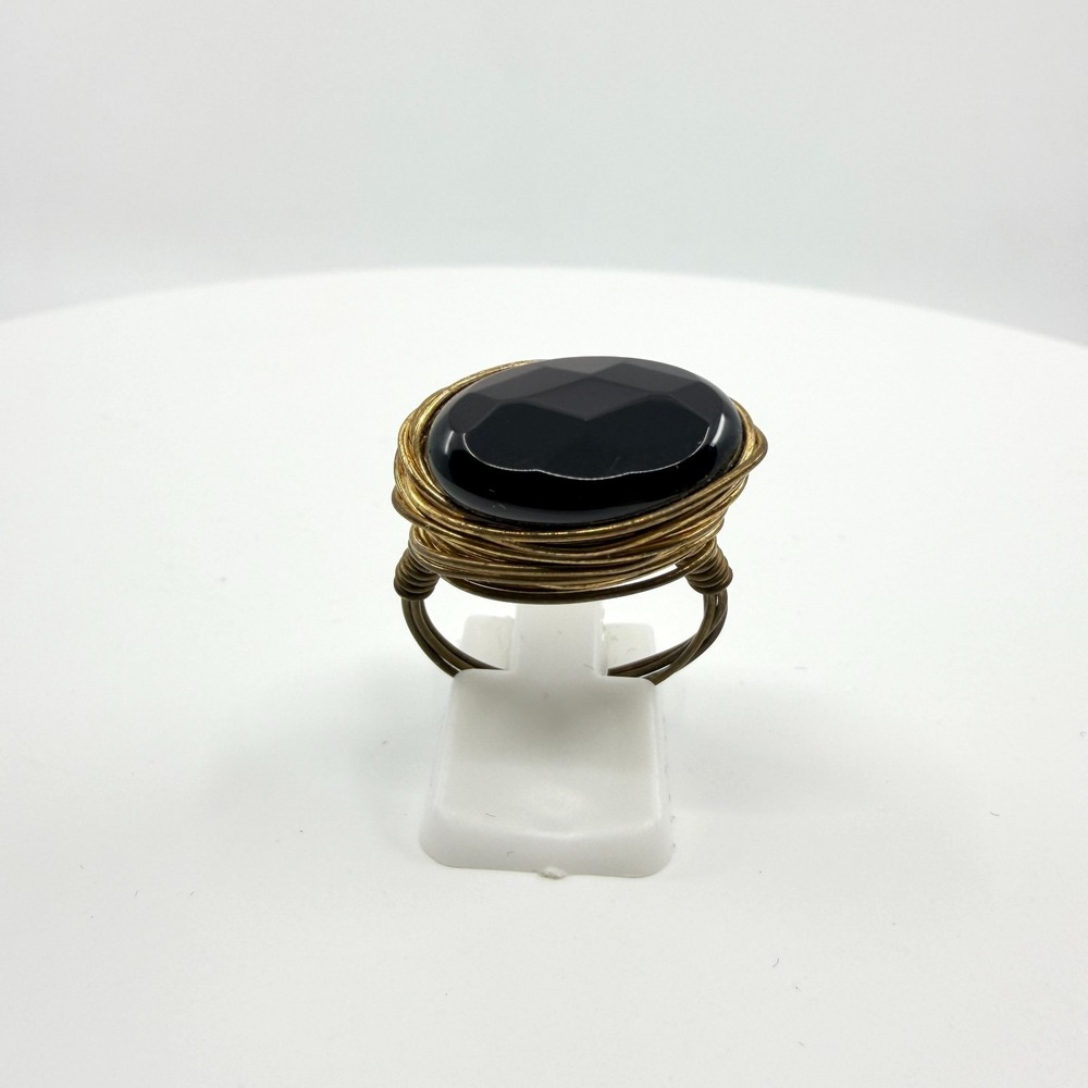 Vintage Boho Brass Tone Wire Wrapped Black Onyx Oval Faceted Statement Ring